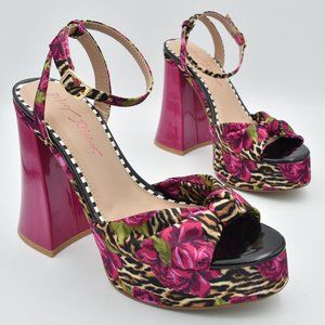 NWOT Betsey Johnson Brylie Chunky Heeled Sandals, Leopard Floral Hot Pink Sz 8.5